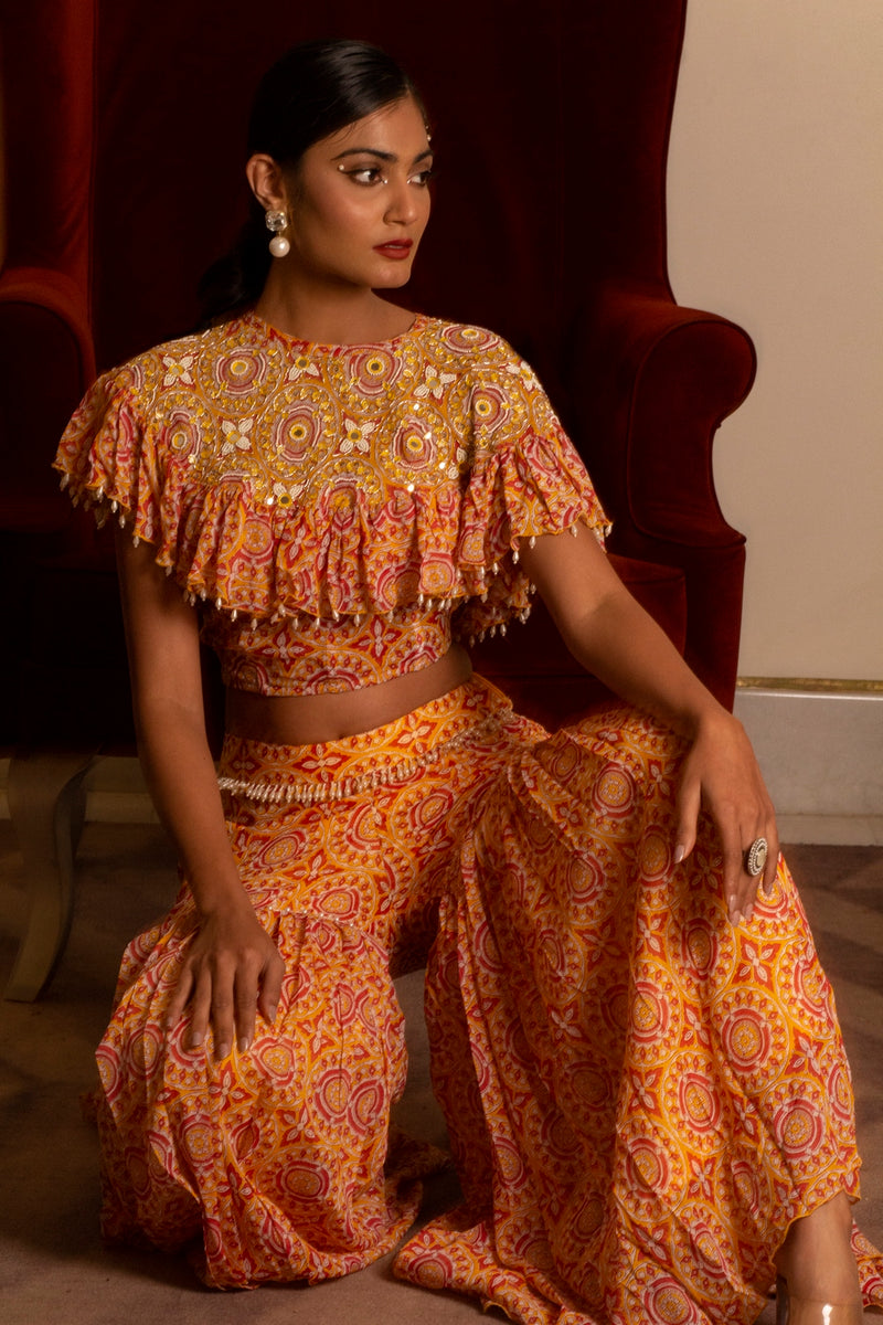 Yellow printed sharara set with cape