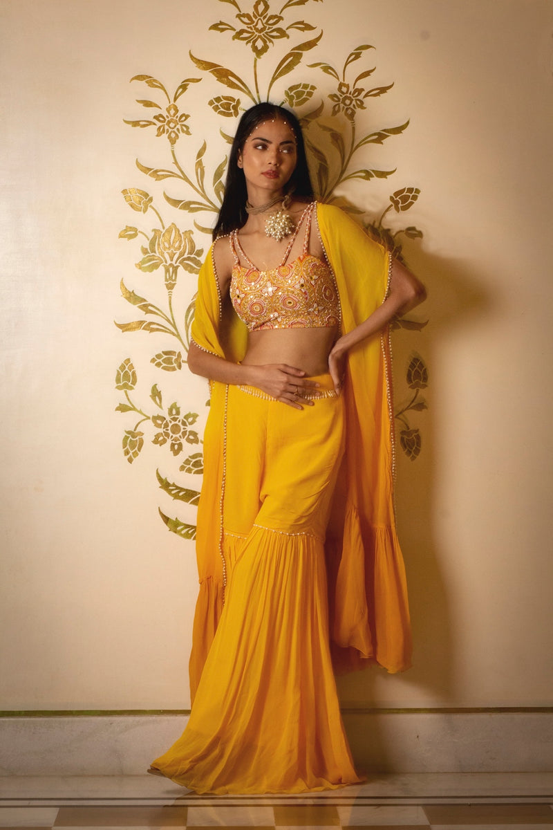 Yellow sharara set with shrug