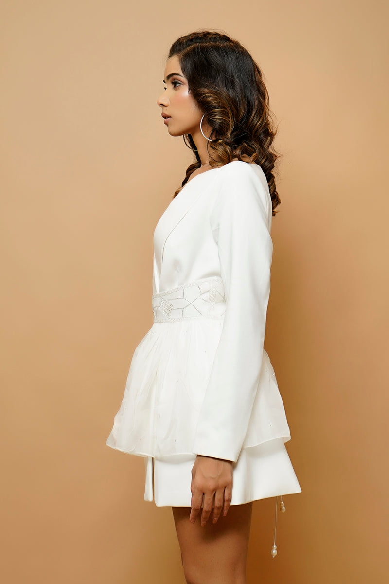 WHITE JACKET DRESS WITH ORGANZA BELT
