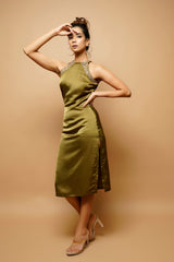 OLIVE GREEN HALTER NECK SHEATH DRESS