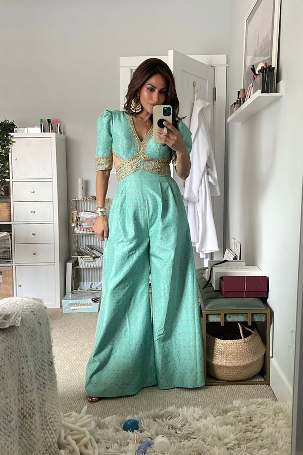 Blue-Green Embroidered silk jumpsuit