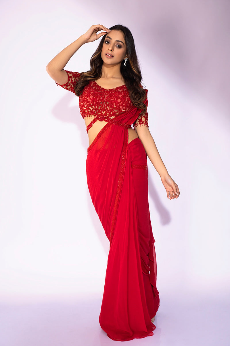 Red drape sari