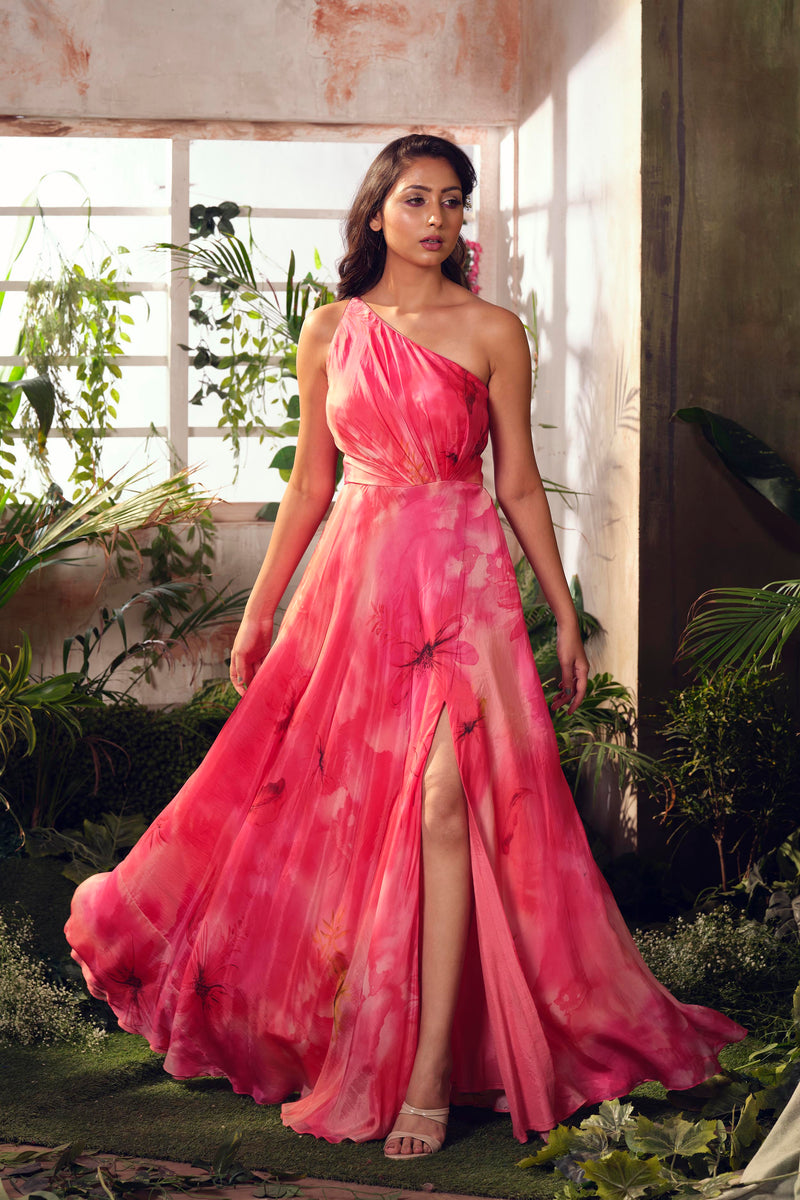 Pink Habutai Silk One Shoulder Gown