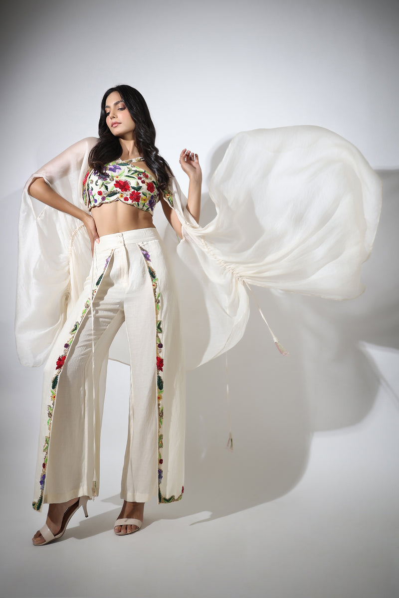 Haseena ivory cape & flutter pants set