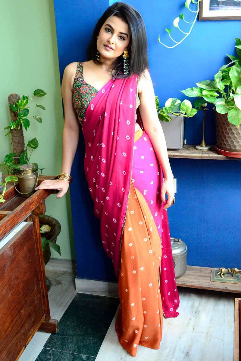 Bandhej Two Color Pre Draped Sari With High Neck Top or Block Printed Blouse