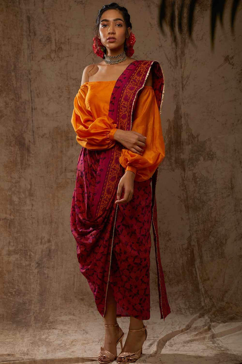 Block Printed Marigold Saree Dress