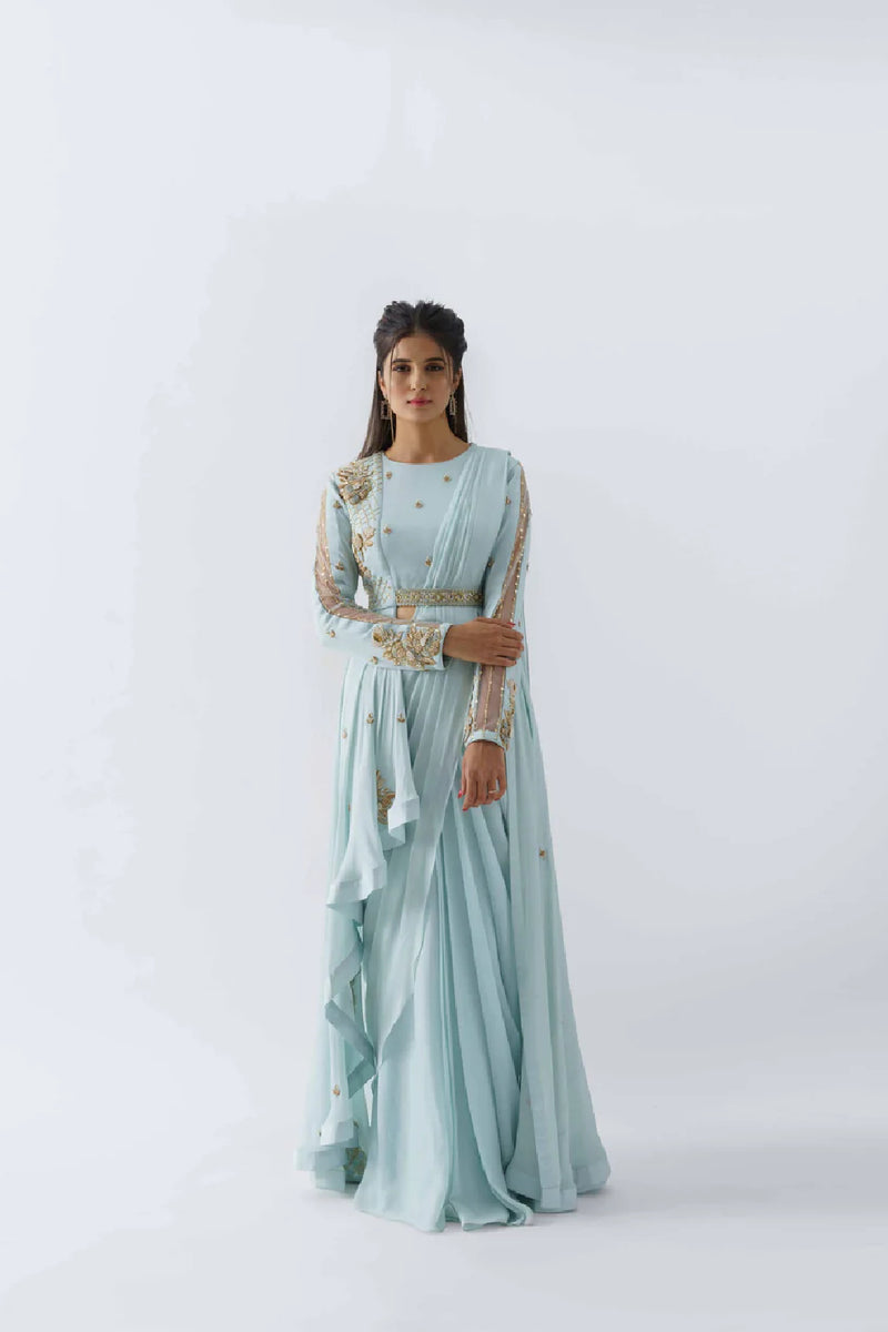 Light Blue Pre-Draped Sari