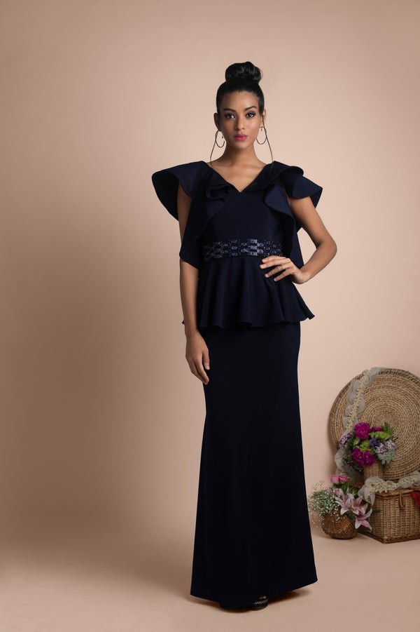BLUE RUFFLE GOWN
