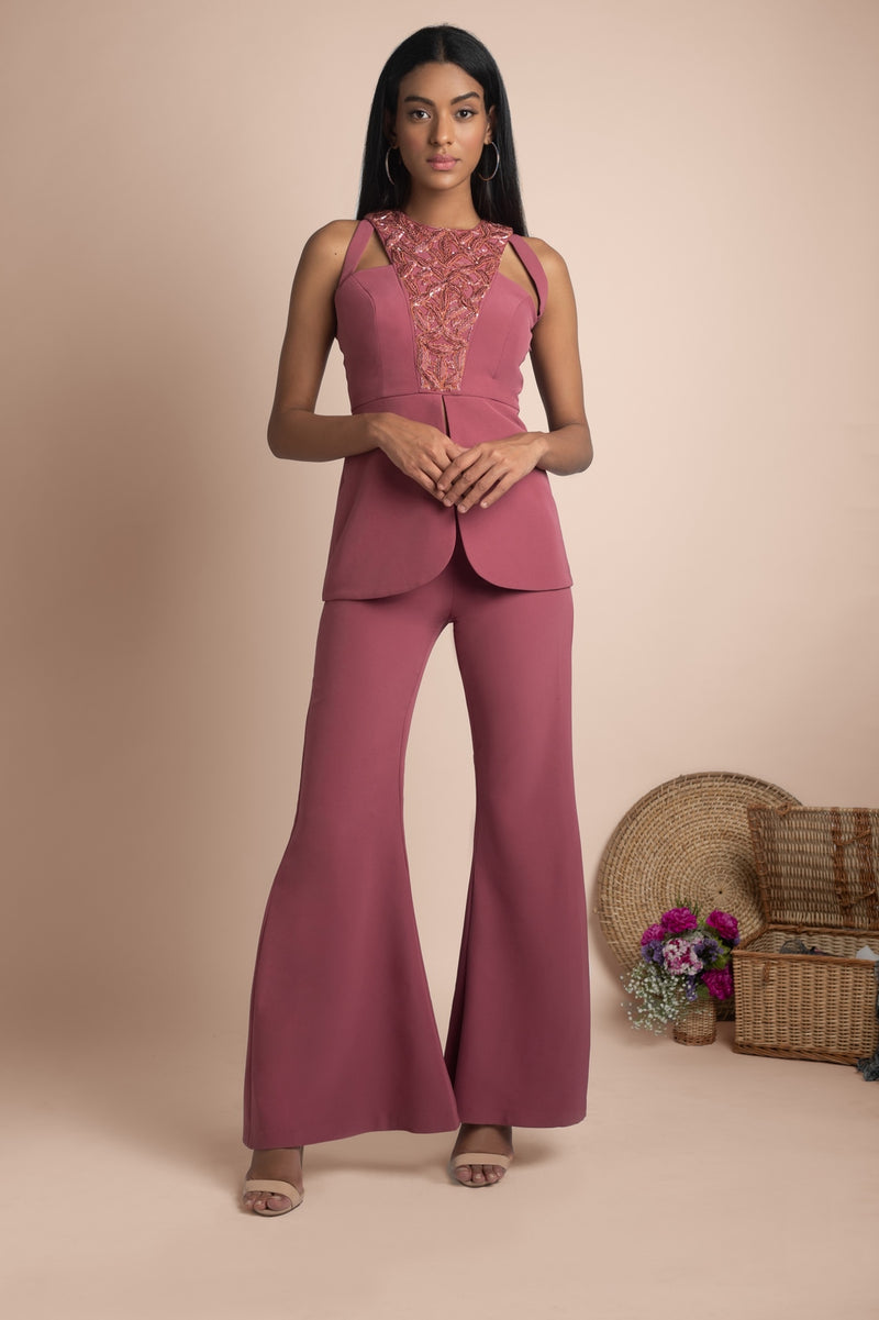 ROSE PINK BELL BOTTOMS AND EMBROIDERED JACKET TOP