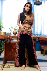 Block Printed Skirt Pants With Sari Top