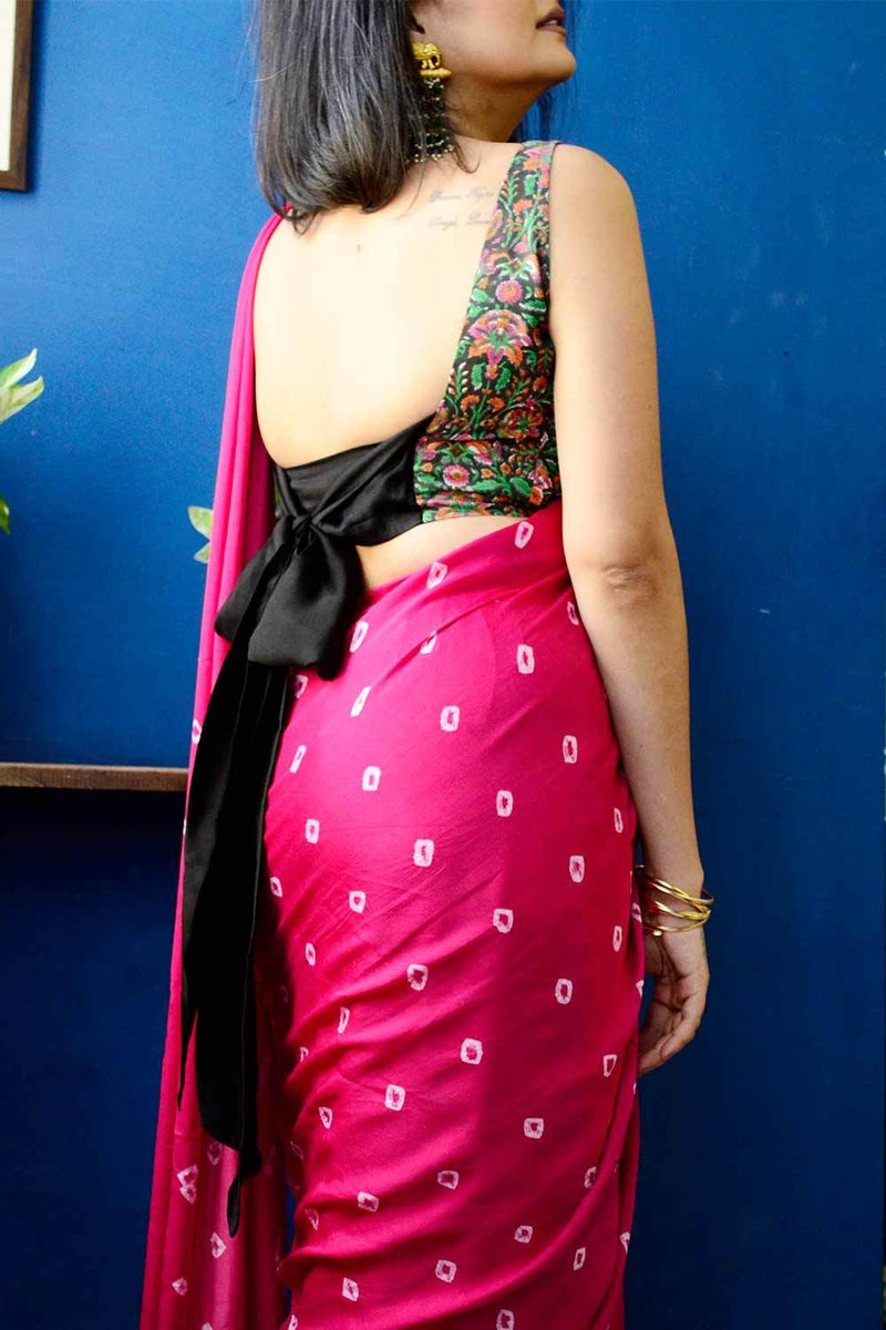 Bandhej Two Color Pre Draped Sari With High Neck Top or Block Printed Blouse