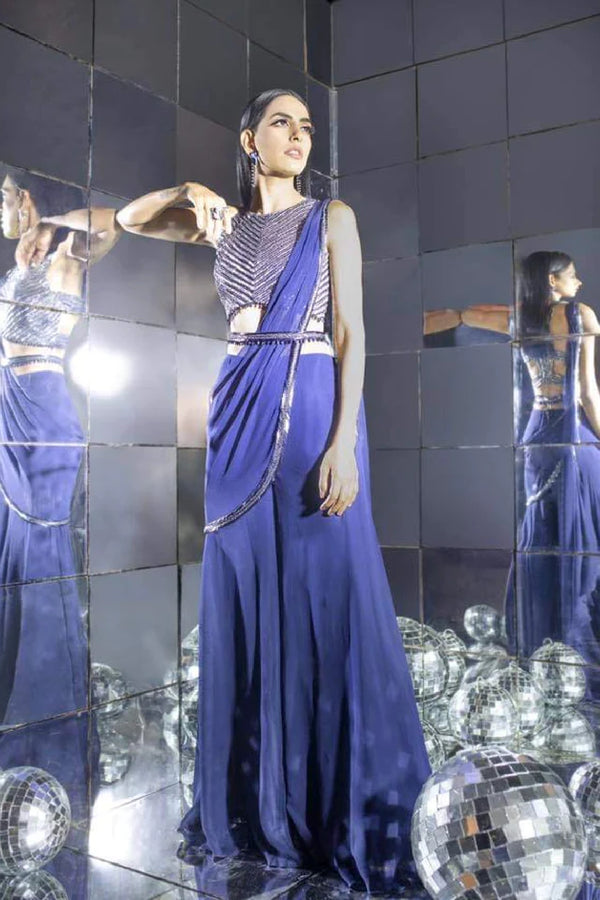 Midnight Blue Sharara Sari