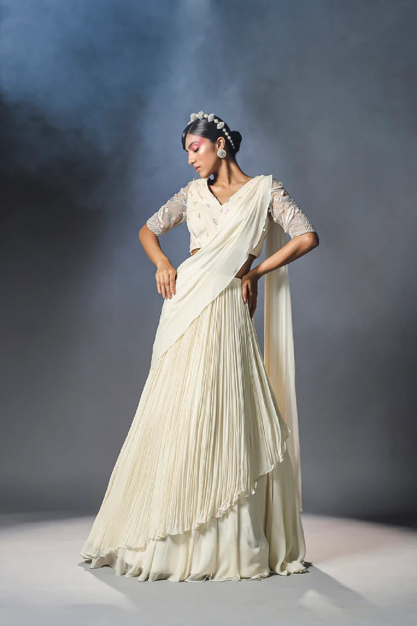 Shell white Pre-Draped Sari