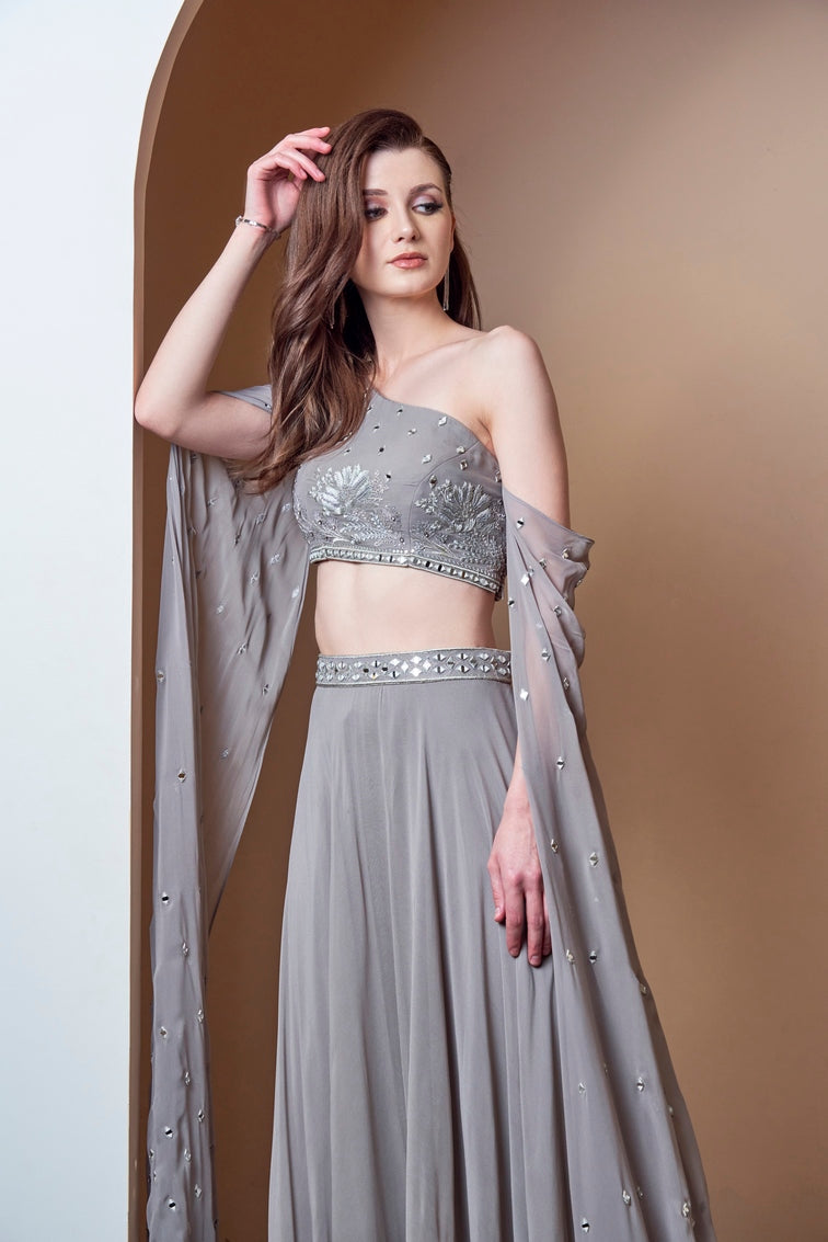 mirror work flower motif grey lehenga