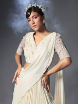 Shell white Pre-Draped Sari