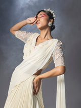 Shell white Pre-Draped Sari