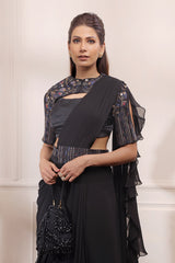 Black onyx drape saree with  embroidered cape