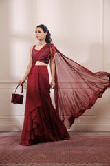 Ruby red draped saree set