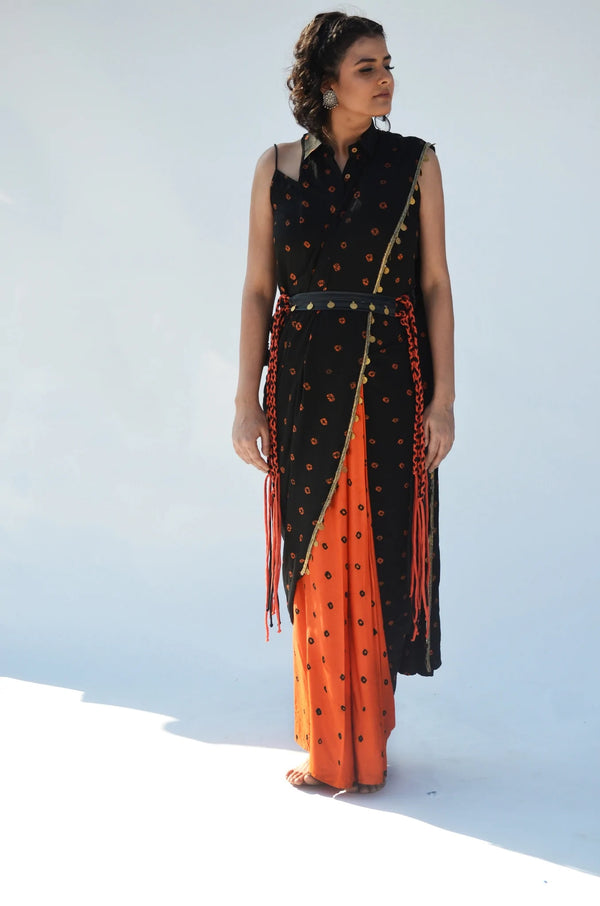 Orange/Black Pre Draped Sari with top and belt