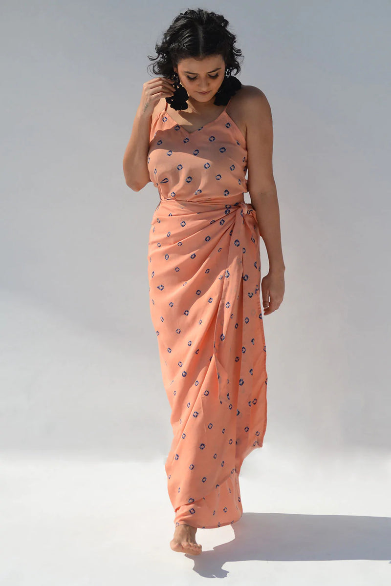 Bandhej Peach Spaghetti Wrap dress