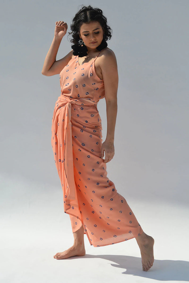 Bandhej Peach Spaghetti Wrap dress