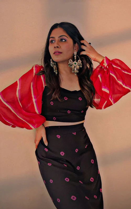 Bandhej Wrap Skirt With Leheriya Sleeve Crop Set as seen on Styleograph by Chikky Goenka