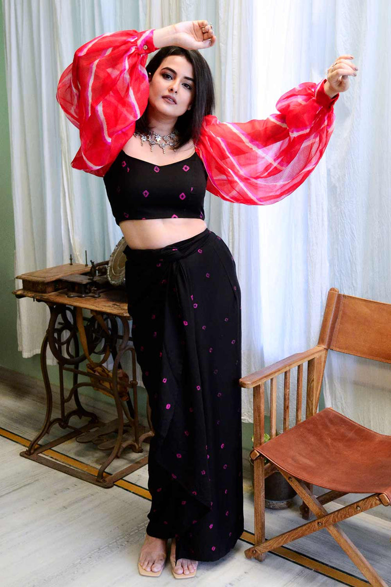 Bandhej Wrap Skirt With Leheriya Sleeve Crop Set as seen on Styleograph by Chikky Goenka