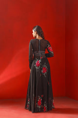 Black magnolia printed and embroidered Kurta set