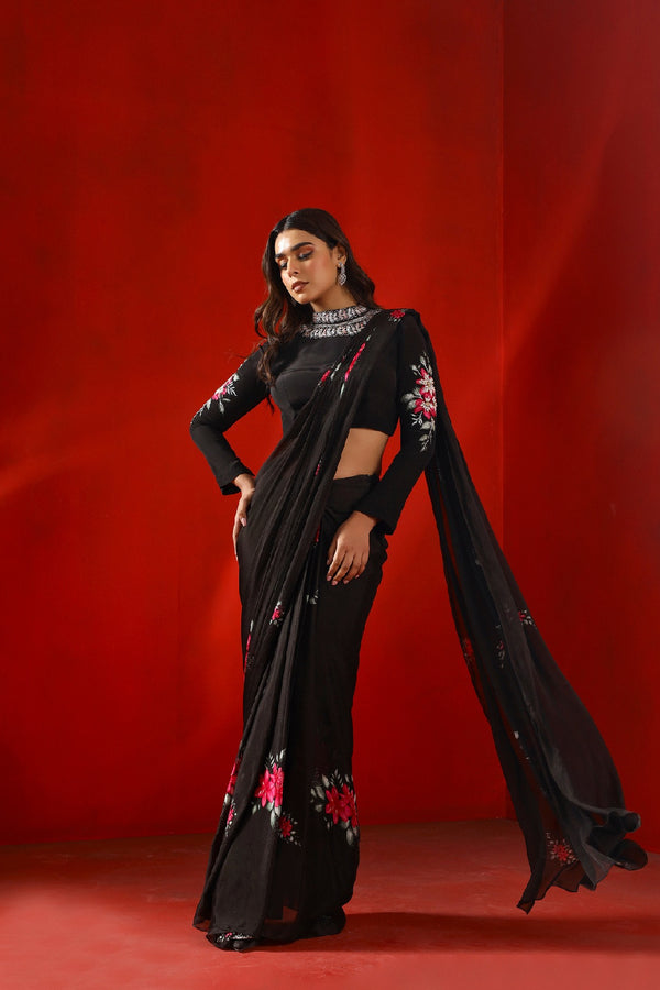 Black magnolia printed and embroidered pre stitched saree set