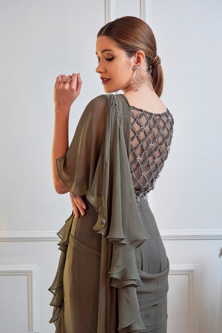 waffle net blouse ruffle sari