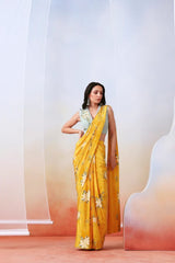 Yellow printed and embroidered  pre stitched  saree set