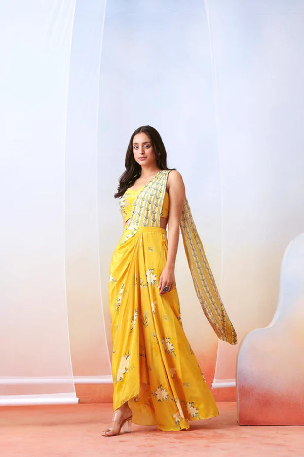 Yellow printed pre stitched saree set