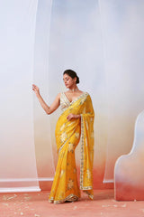 yellow printed embroidered saree set