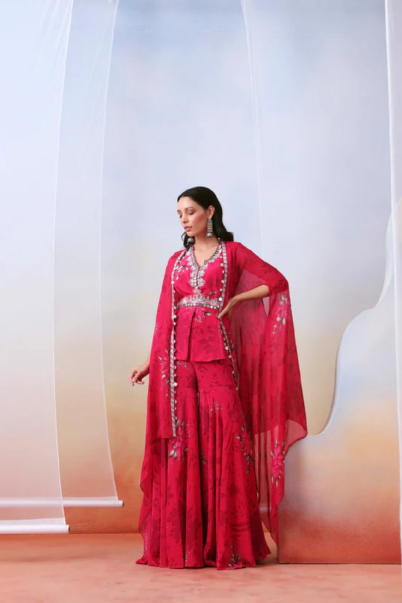 Pink printed and embroidered  sharara set with cape