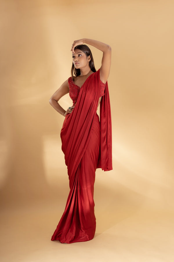 Red  pre-draped saree