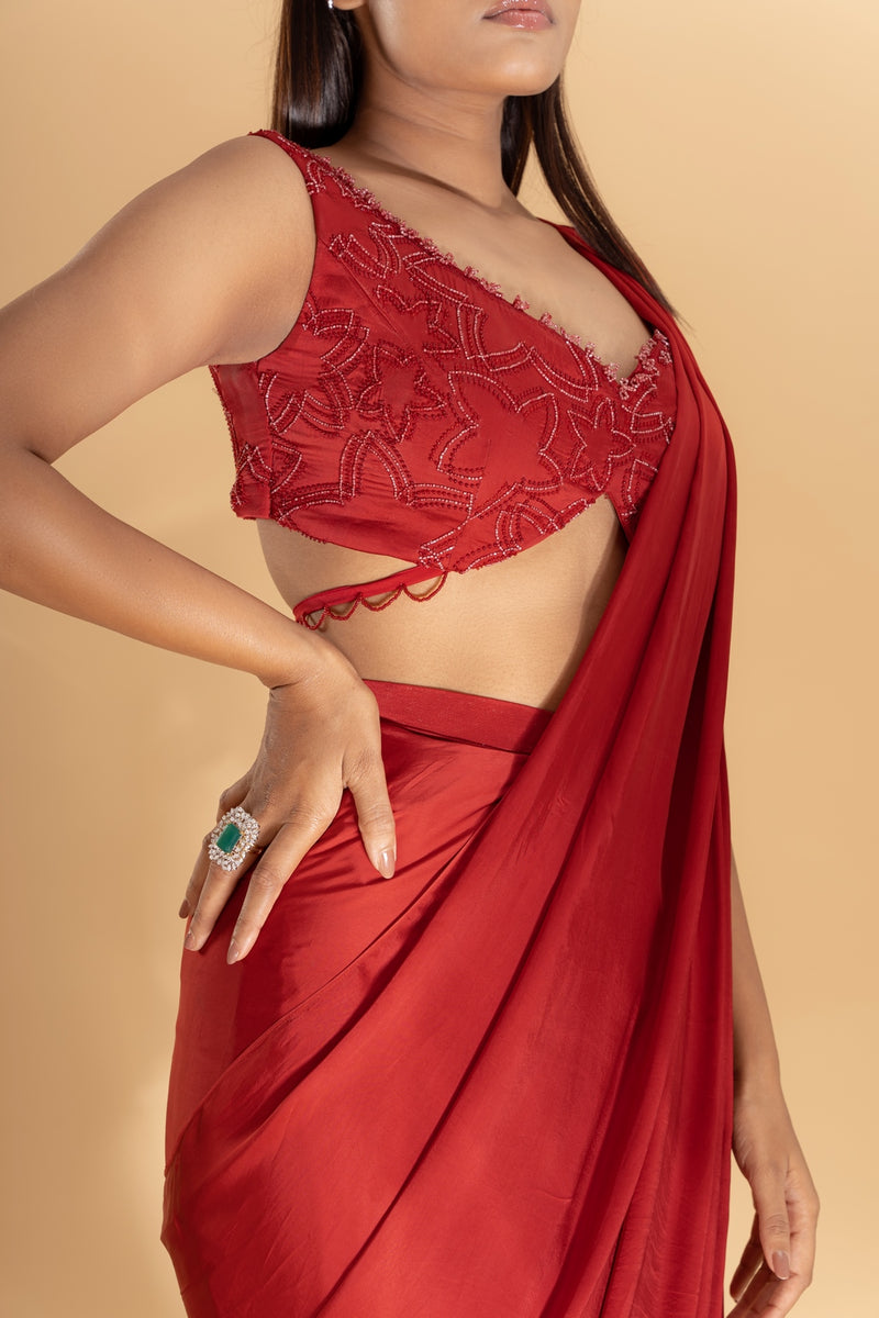 Red  pre-draped saree