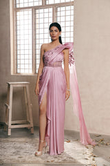 Lilac Satin Pre Constructed Slit Sari