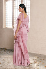 Lilac Flare cut pants with Embroidered tunic and organza ruffle dupatta set