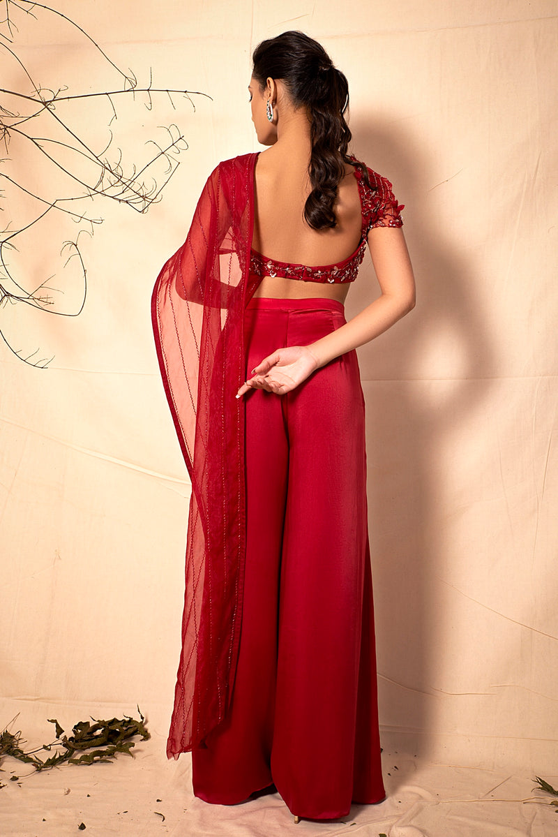 Ruby Red Pants with Embroidered Drape Blouse