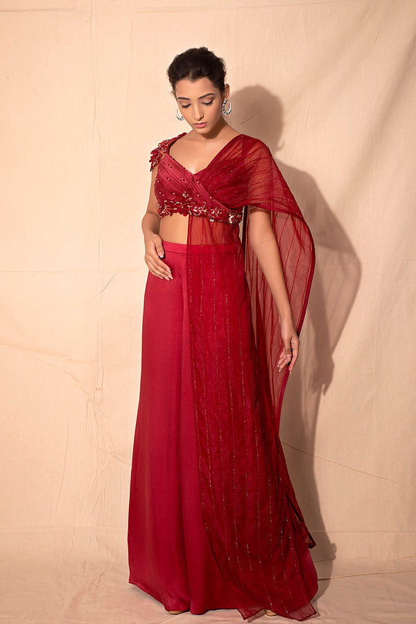 Ruby Red Pants with Embroidered Drape Blouse
