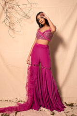 Mulberry Pink Sharara with Hand Embroidered Bralette and Ruffle Dupatta