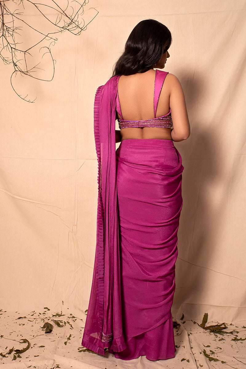 Mulberry Pink Hand Embroidered Bralette with Pre-Stitched Sari