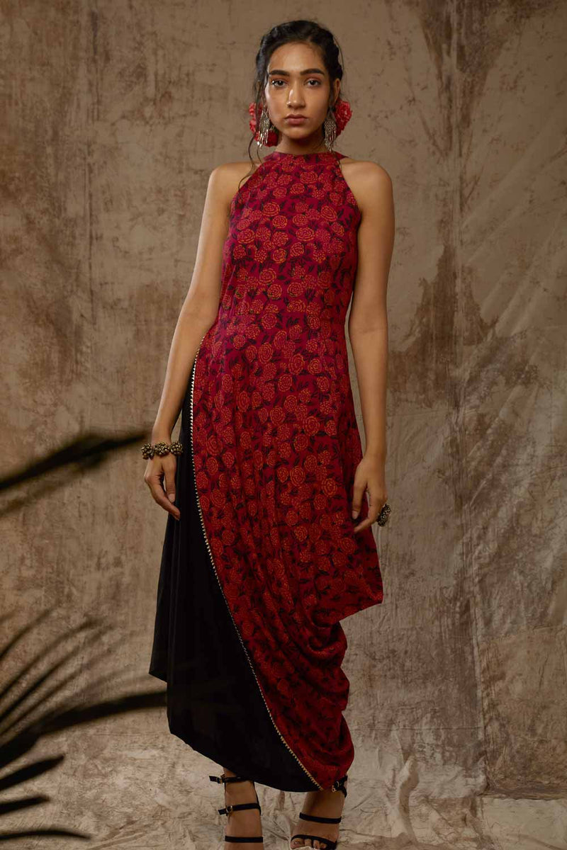 Block Printed Marigold Draped Dress with Gota Highlights