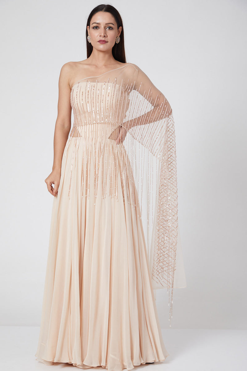 Peach One Shoulder Cape Gown
