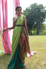 Green Pre Draped Saree with Draped Top and Belt