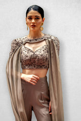 *SAMPLE PIECE*  Taupe Crop Top with Trouser Pants and Detachable Cape | Ready to Ship