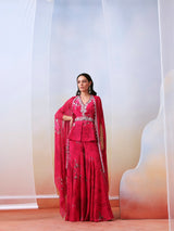 Pink printed and embroidered  sharara set with cape
