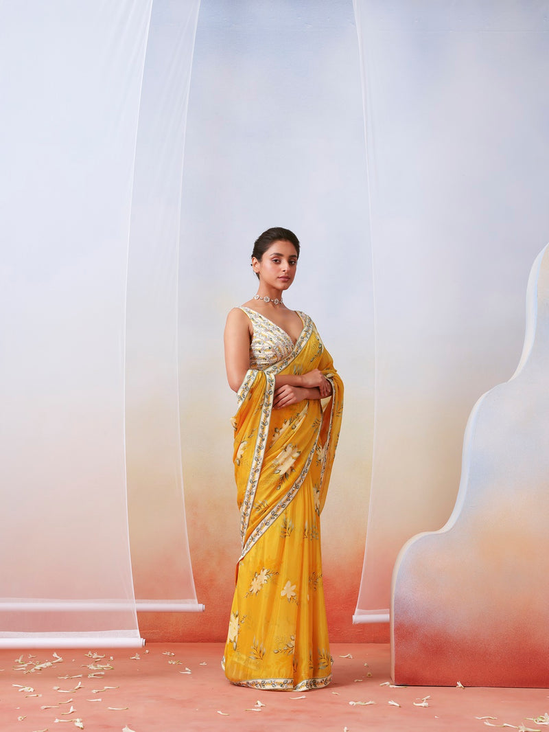 yellow printed embroidered saree set