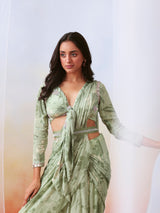 Sage green printed and embroidered pre drape saree set