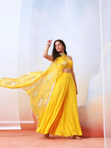 Yellow printed sharara set with embroidered  drape cape